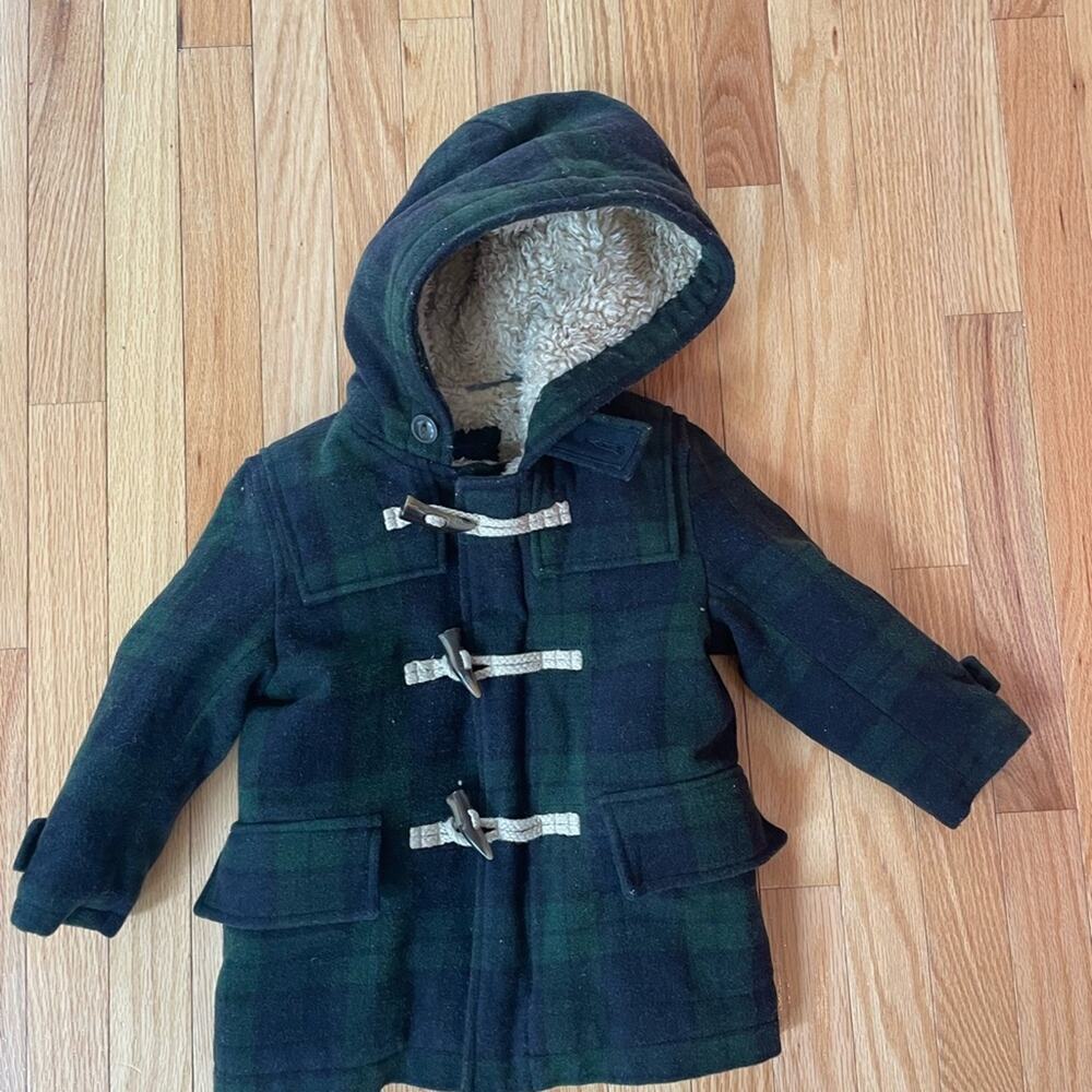 GAP Wool blend plaid coat with toggles,‎ hood, pockets